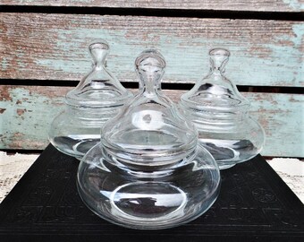 Vintage Glass Jar Set, Jars Clear Glass Apothecary Canister, Knob Lid, Mid Century, Glass Terrarium, Clear Vanity Stackable Containers, 60s