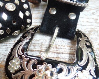 半額以下で買えるクーポン特集 Nocona Vintage Suede Belt Rhinestone Studded Leather Black アンティーク雑貨