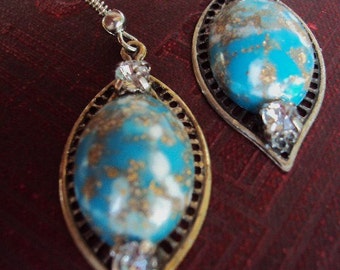 Vintage Turquoise and Rhinestone Earrings Filigree silver Leaf German Foiled Glass