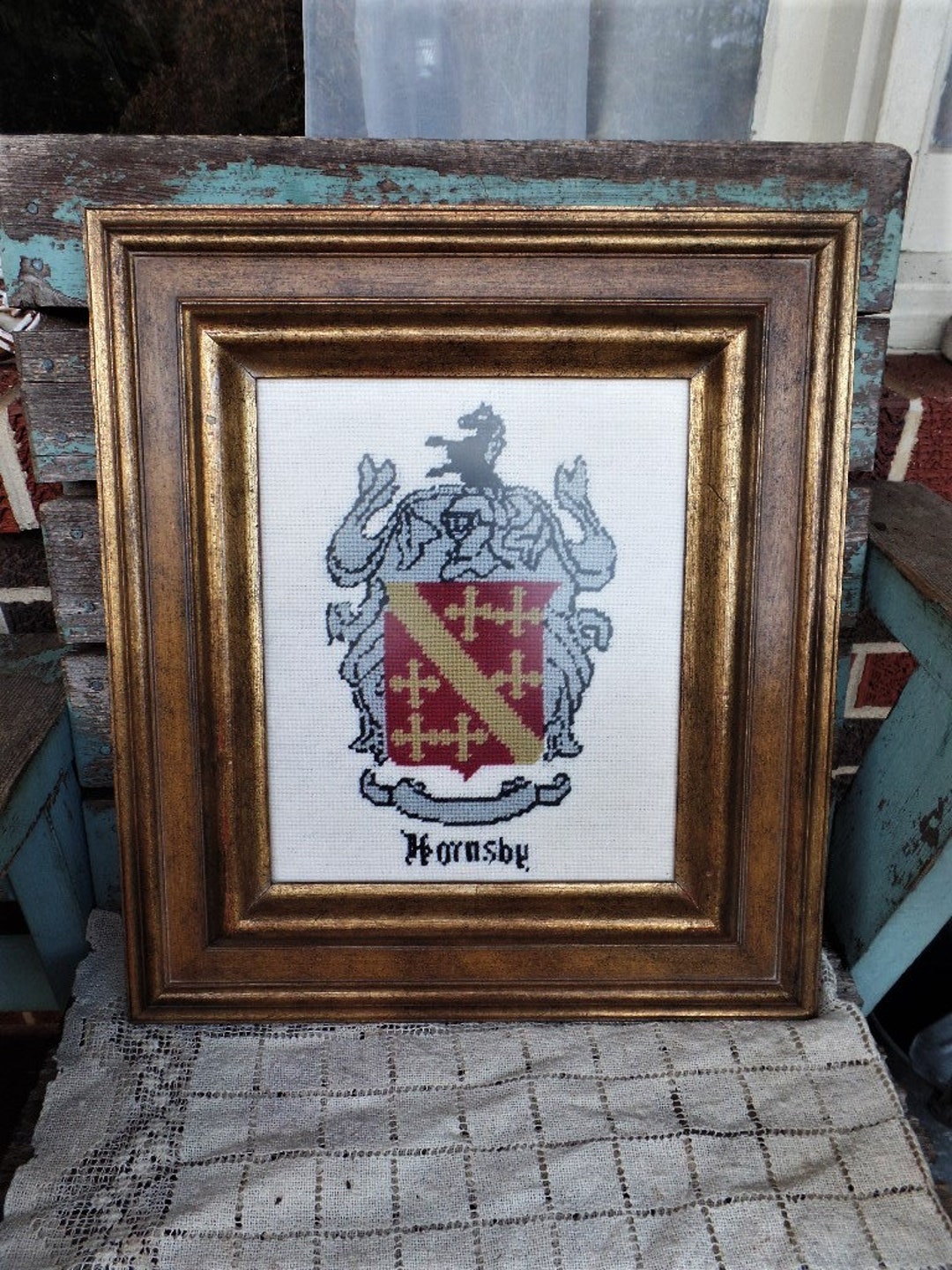 Vintage Needlepoint Hornsby Family Crest Coat of Arms Horse Framed
