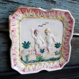 Vintage Italian Trinket Dish Decorative Plate Italy Majolica Hand Painted Small Tray Art Mid Century Garden Babies Cherubs Decorative Decor