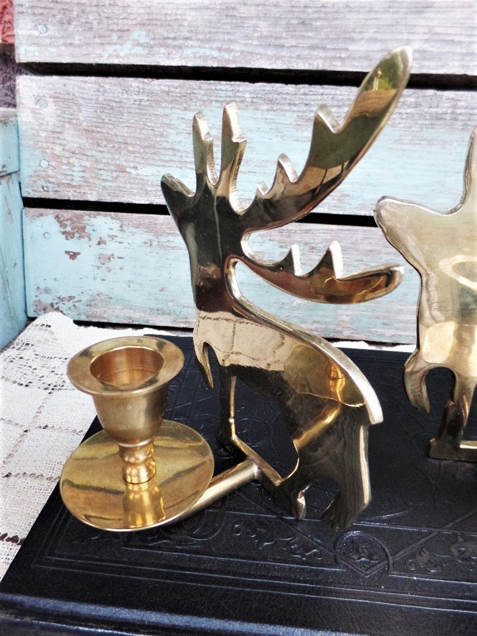 Vintage Brass Deer Candle Holders Reindeer Horns Antlers Etsy
