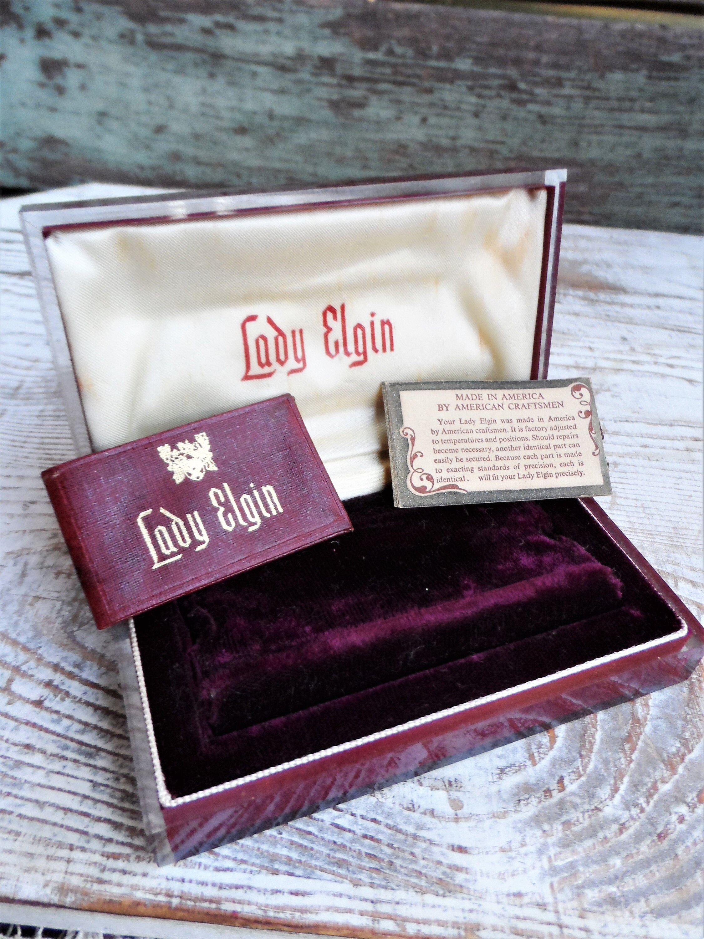 Vintage Lady Elgin Watch Case Box Burgundy Lucite Crest Display Jewelry Case Vintage Lady Elgin Burgundy Lucite Watch Case, Jewelry Gift  main image 3
