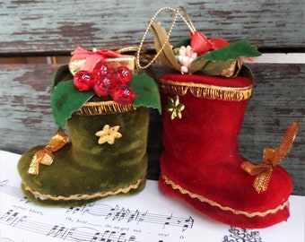 Vintage Christmas Stocking Santa Boot Ornaments Millinery Fruit Greenery Leaves Berries Retro Red Green Mid Century Tree Sequins Gold Trim