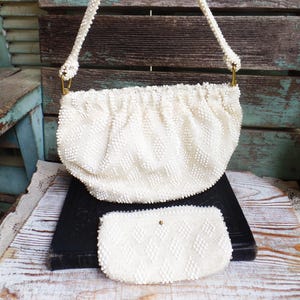 Vintage White Beaded Purse with Matching Makeup Bag, Seed Bead Handbag, Bridal Wear, 1950s Mid Century, White and Clear Glass Beads, MCM Bag