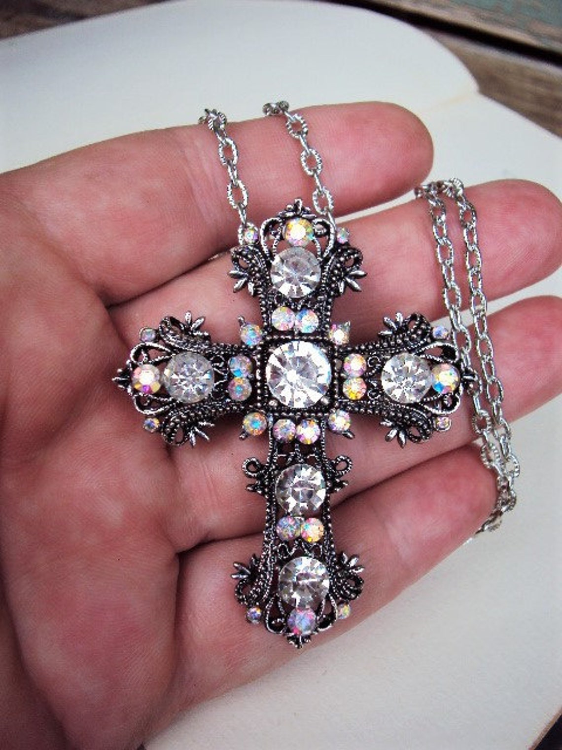 Vintage Style Cross Pendant Brooch Necklace Clear Glass Etsy