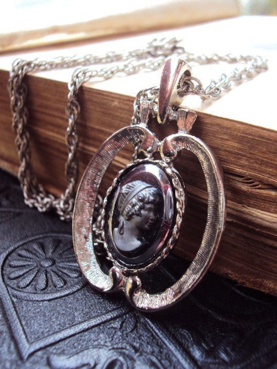 Vintage Hematite Cameo Necklace with Rope Chain