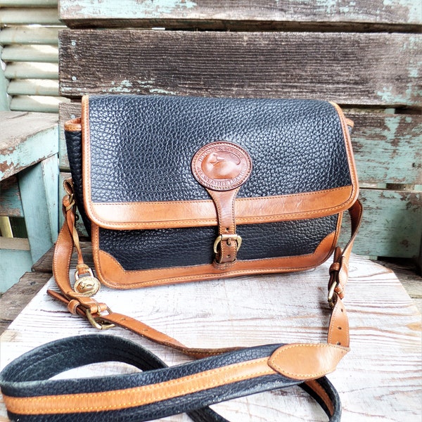 Vintage Dooney and Bourke Purse Handbag Leather Crossbody Brown Navy Blue Saddle Bag Style All Weather Leather Genuine Name brand Authentic