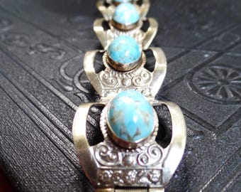 Vintage Sterling Silver and Turquoise Panel Bracelet, Hecho Mexico Mexican 925 Silver, Mid Century Boho Bohemian, South Western Jewelry