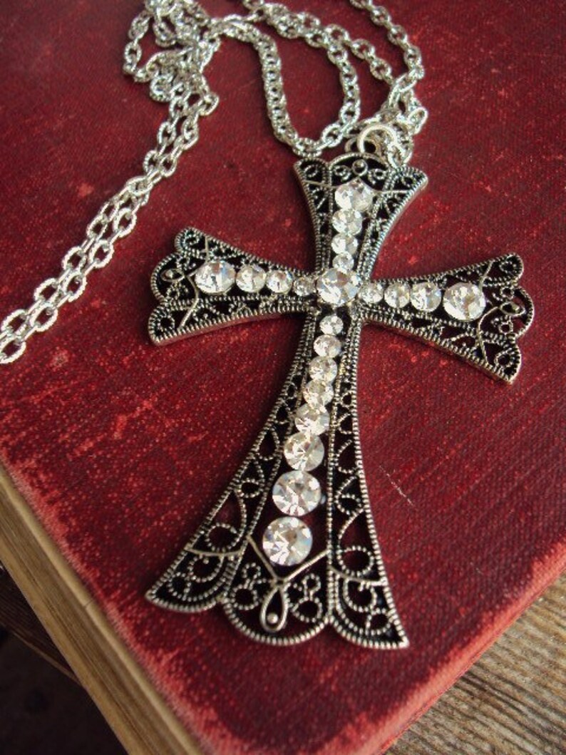 Vintage Style Cross Pendant Long Necklace Clear Glass Etsy