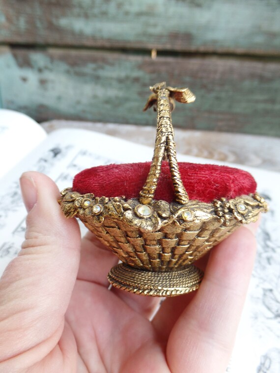 Vintage Battani Pincushion Ormolu Filigree Metal Basket