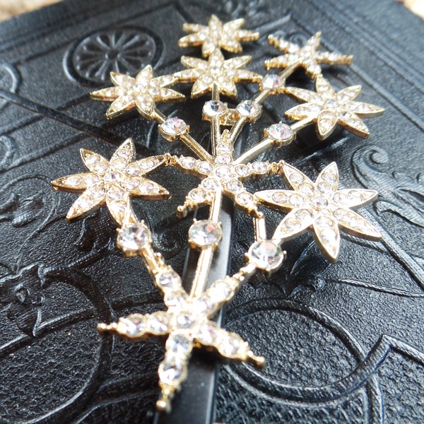 Vintage Strass Haarspange, Haarspange, Strass Sterne und Blumen, Mid Century Haarschmuck, Accessoires, schwarze Emaille Haarspange, kristallklar