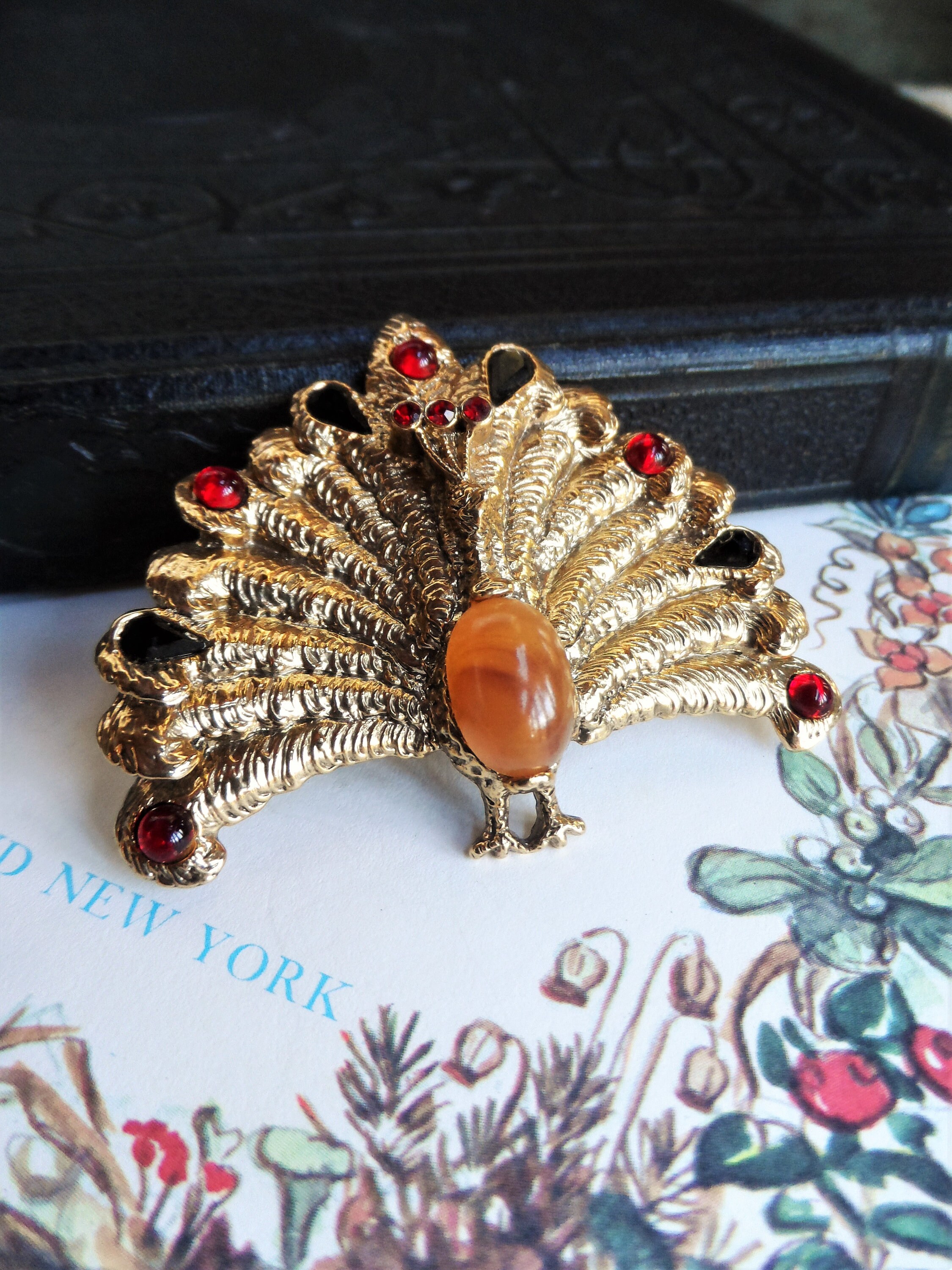 Vintage Peacock Brooch Jelly Belly Pin Rhinestones Stone