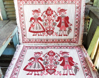 Vintage Austrian Swiss Dutch Boy and Girl Placemats, Folkloric Placemat Set, Tirol Style Table Setting, French Country Decor, Folk Art Heart