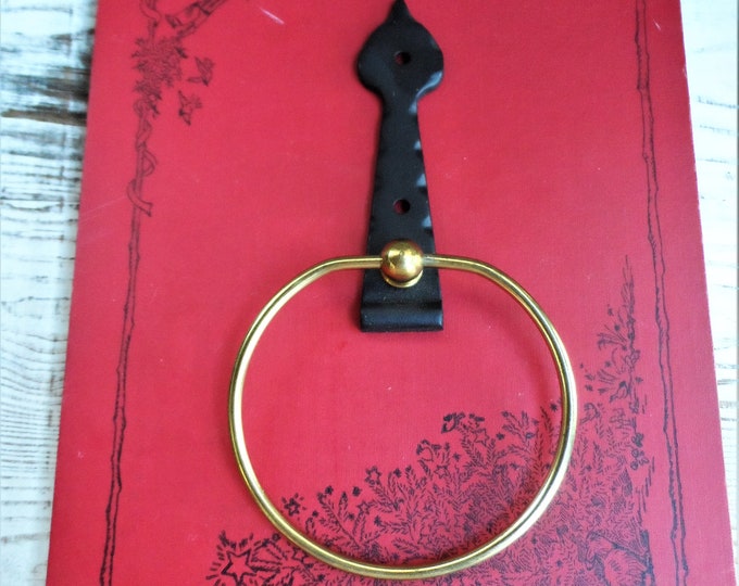 Vintage Brass Ring Towel Holder Hand Towel Hook Wrought Iron EMIG Hinge Style Medallion Rustic