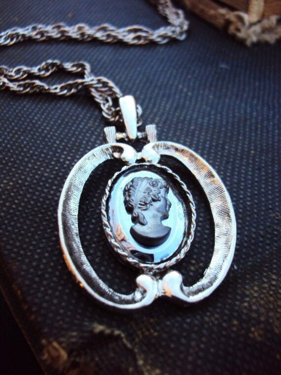 Vintage Hematite Cameo Necklace with Rope Chain - image 2