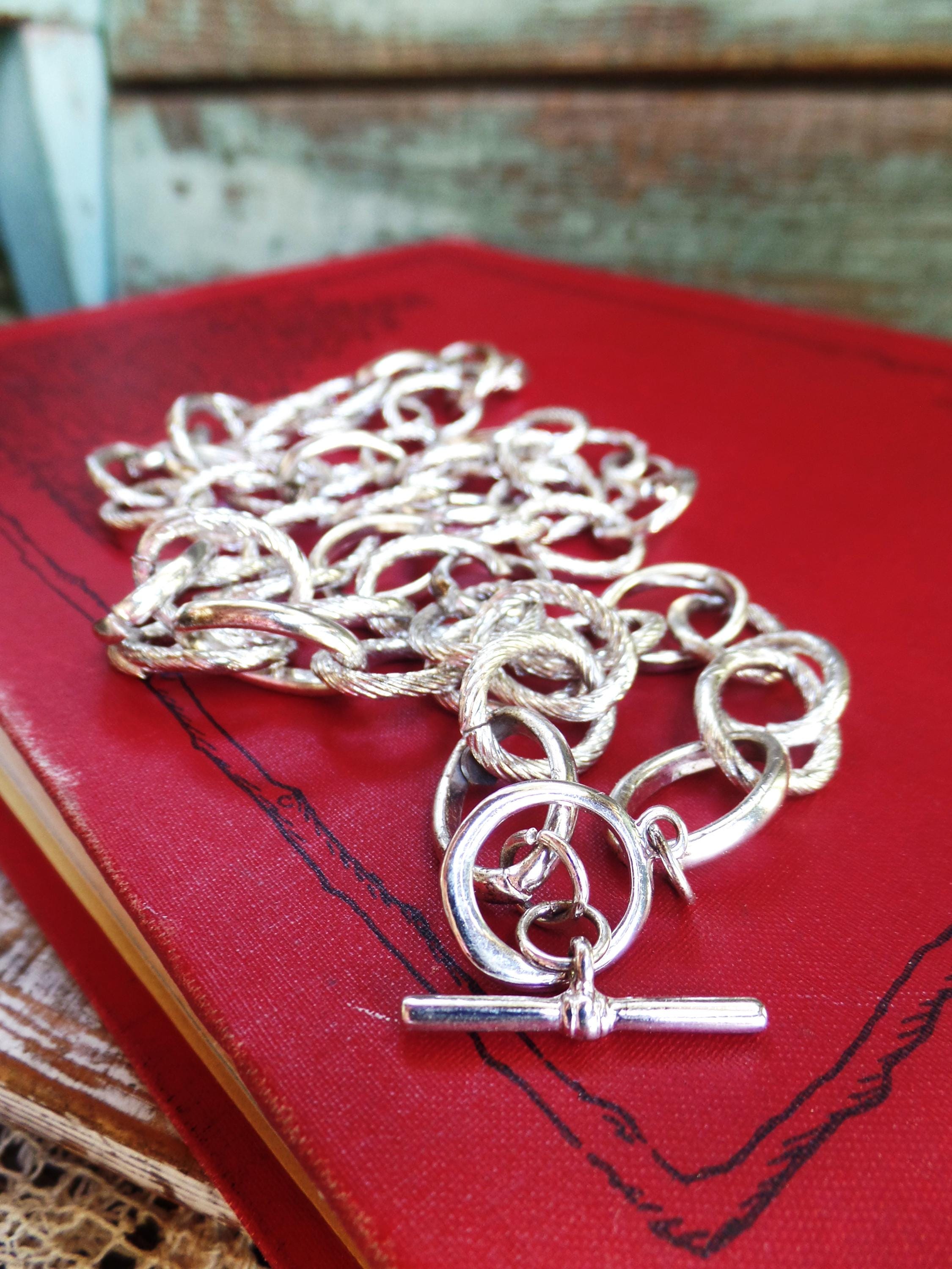 Vintage Long Silver Ring Linked Chain Necklace with Toggle Clasp, Silver Specialty Chain, Mod Costume Jewelry, Layering Layer Charm Starter