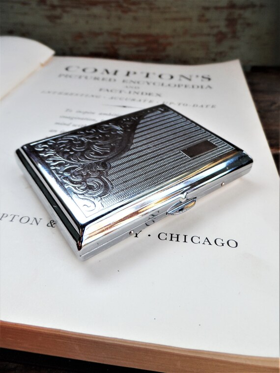 team pistol cigarette case Vintage Cigarette Case Team Pistol Gun Silver Ornate Design Mid Century  Design Madmen Era Kitsch Retro Tobacciana Cupronickle