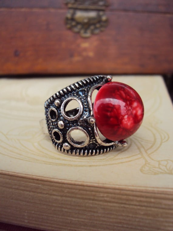 Vintage Cocktail Ring Antique Silver with Large R… - image 1