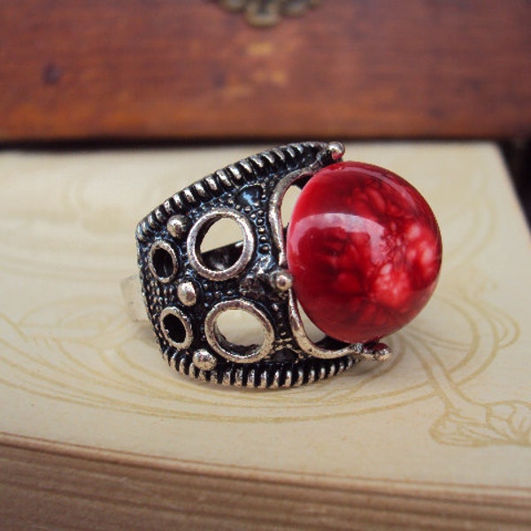 Vintage Cocktail Ring Antique Silver with Large Red Lucite Stone Mid Century Mod Costume Jewelry Chunky Statement Ring