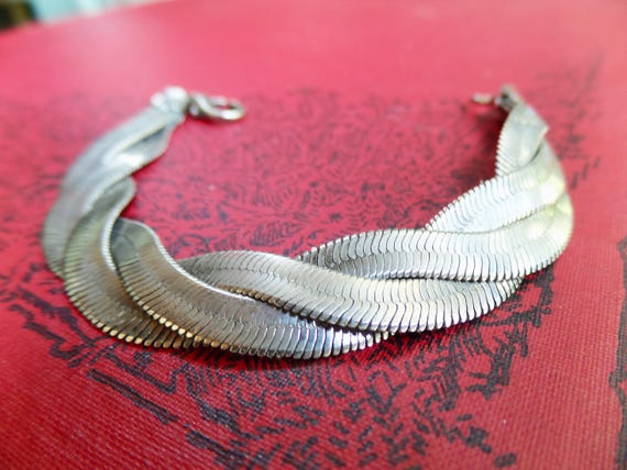 Vintage Silver Herringbone Braided Chain Bracelet, wide silver Chain Bracelet, Specialty Chain, 80s Jewelry, Snake Chain, Woven Triple Chain