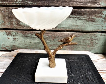 Vintage Ormolu Bird on a Limb Pedestal Soap Dish, White Opaque Glass Dish, Milk Glass and Marble, Antique Gold Gilt, French Country, Regency