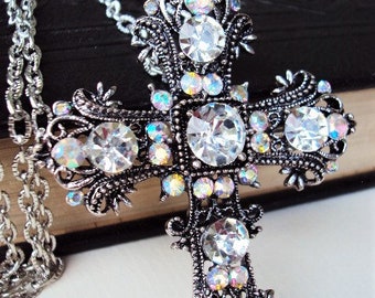 Vintage Style Cross Pendant Brooch Necklace Clear Glass Rhinestones Antique Silver Filigree Metal Ormolu Style Large Aurora Borealis Ab