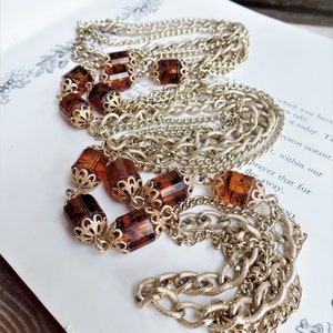 Vintage Sarah Coventry Long Chain Necklace Rootbeer Beads Golden Lanterns, 60s Layered Multi Chain, Tiger Eye Tortoise Shell Lucite Beads