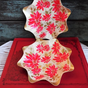 Cuenco de cartón navideño vintage, decoración de mediados de siglo, flores de Pascua retro, hecho en EE. UU., corona marcada, decoración navideña con sello distintivo.