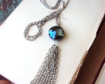 Long Tassel Necklace faceted Glass Stone and silver Multi Chain Smokey Blue
