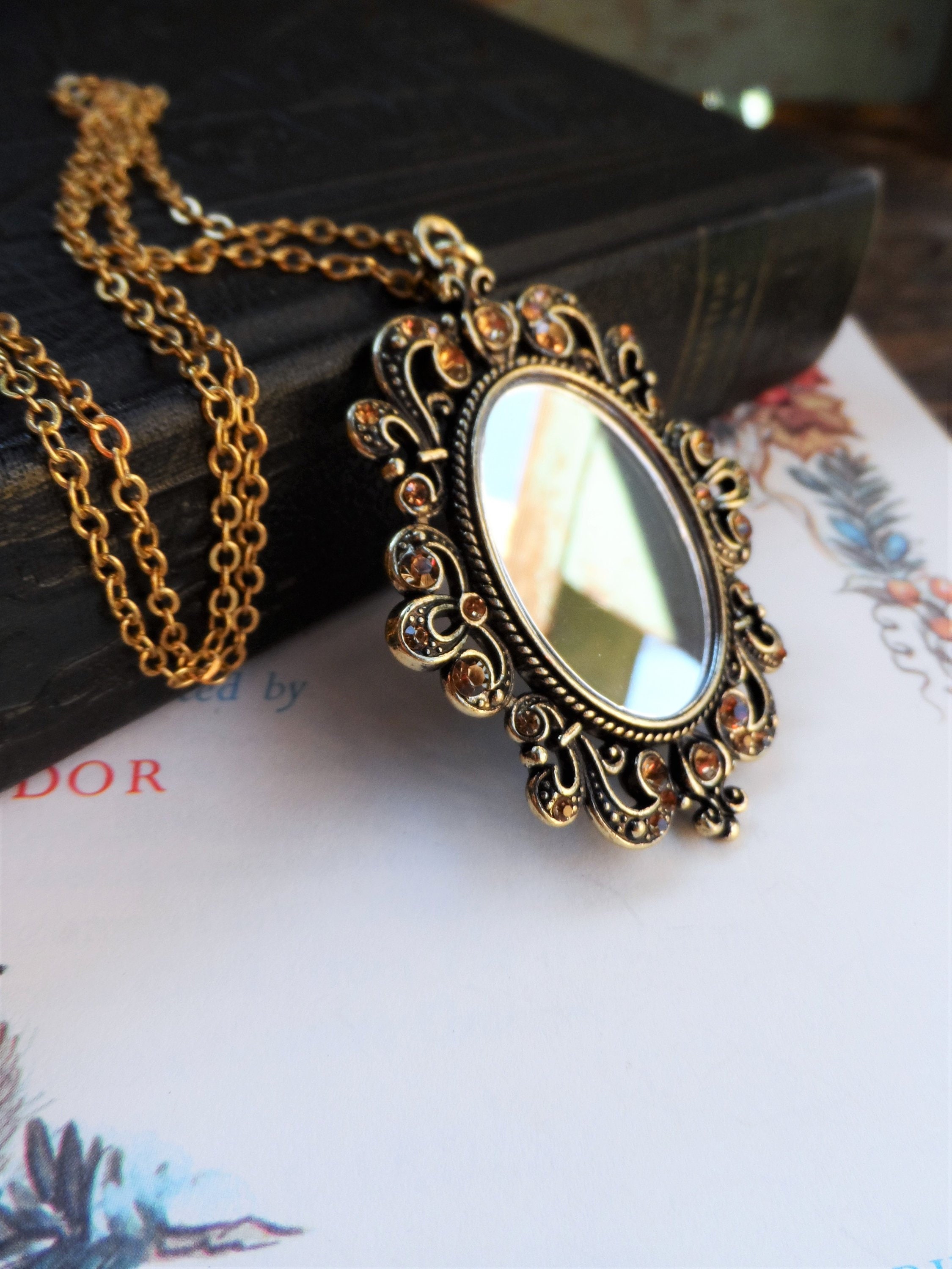 Vintage Style Mirror Pendant Necklace Antique Gold Brown Crystal