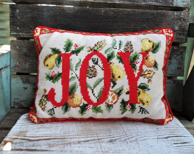 Vintage Christmas Needlepoint Pillow Joy Pears Fruit Pinecones Etsy