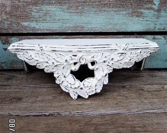 Vintage Shabby chic Wall Shelf with Wreath Leaves Distressed Chippy Antique off White Baroque Hollywood Regency Burwood French Country Art