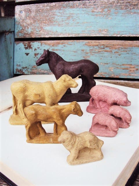 Antique Vintage Toys Farm Animals Clay Composition Putz Primitive