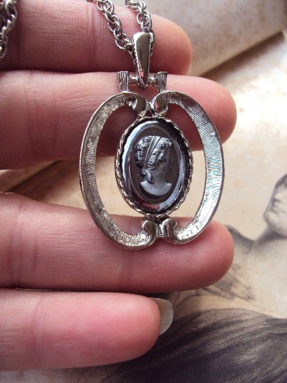 Vintage Hematite Cameo Necklace with Rope Chain - image 3