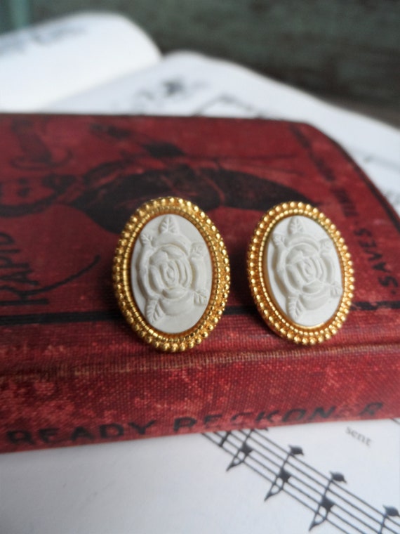 Vintage Rose Cameo Earrings Marked Hallmark Cards 