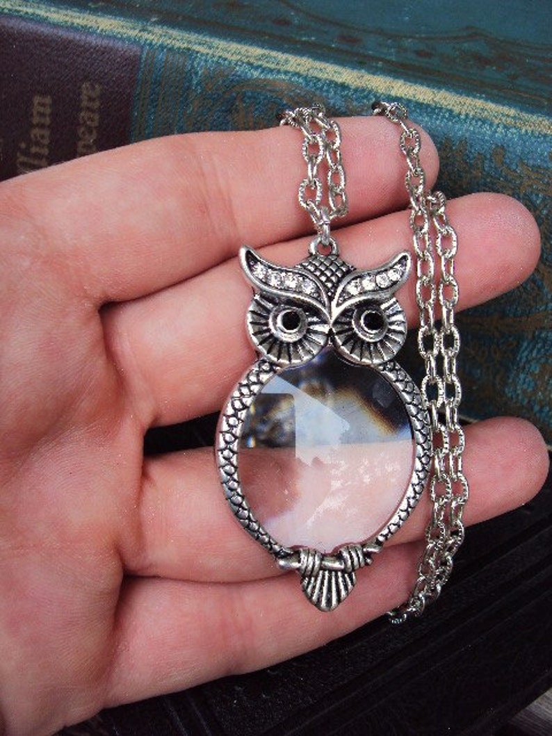 Vintage Style Owl Magnifying Glass Pendant Necklace Victorian Style Ornate Metal Reading Magnifier Antique Silver Long Chain image 3