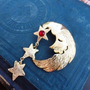 Vintage Ultra Craft Santa Claus Crescent Moon with Stars Brooch, Articulated Stars with red glass Rhinestone, Christmas Costume Jewelry