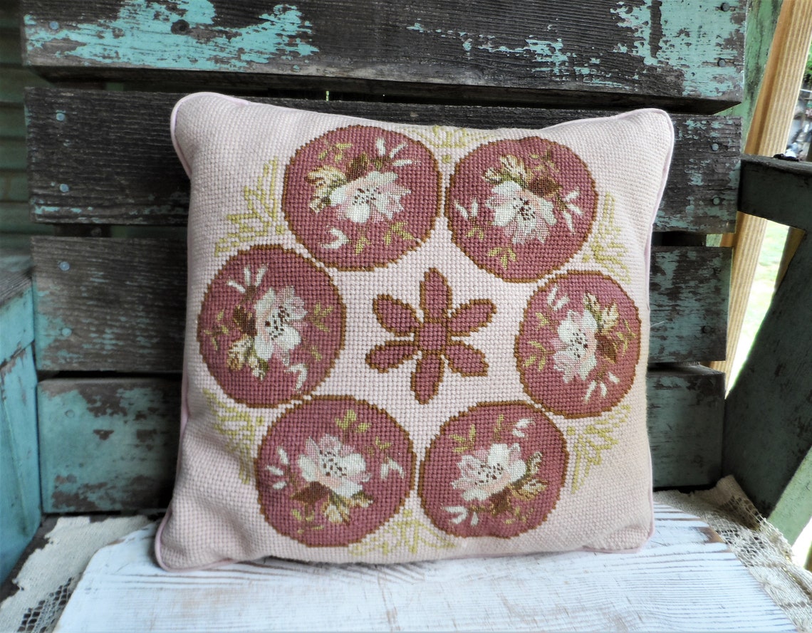Vintage Needlepoint Pillow Throw Pillow French Country Floral Etsy