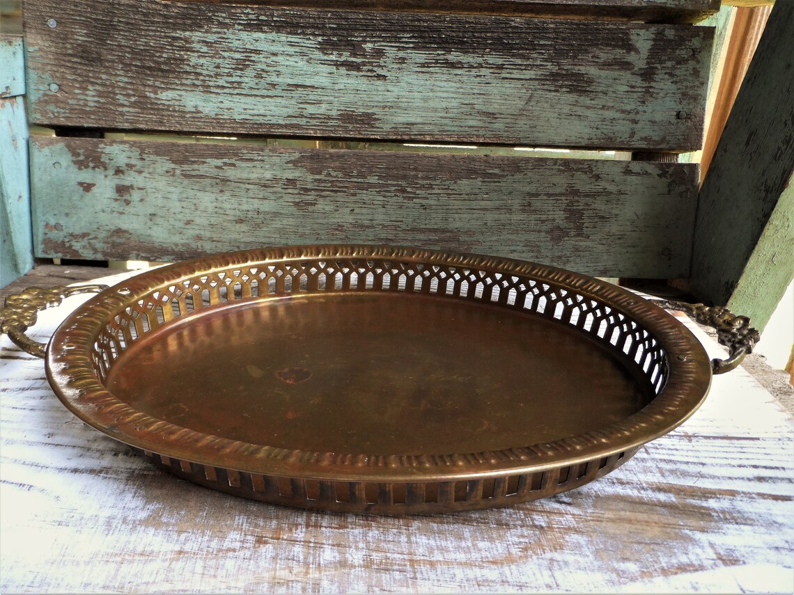 Vintage Brass Vanity Tray Pierced Edge Mid Century Floral Etsy