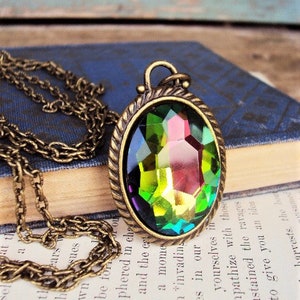 Large Iridescent Crystal Pendant Necklace Rivoli Style Vitrail Antique Brass Peacock Rainbow Color Changing Stone Long Chain Prism Glass image 1