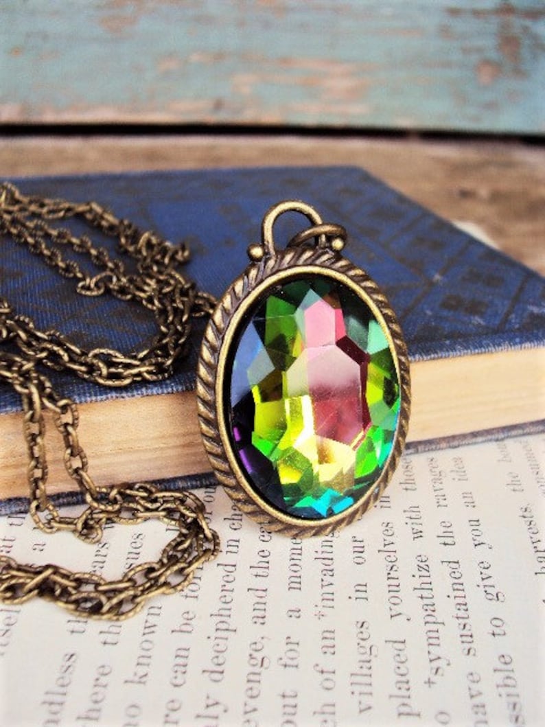 Large Iridescent Crystal Pendant Necklace Rivoli Style Vitrail Antique Brass Peacock Rainbow Color Changing Stone Long Chain Prism Glass image 1