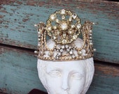 RESERVED....Antique Style Jeweled Crown Shabby Chic for Statue Santos Ornament Distressed Metal with Clear Rhinestones