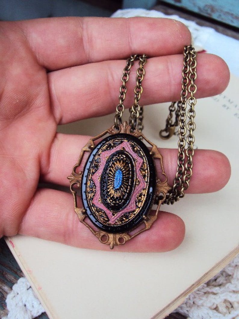Vintage Antique Glass necklace Brass Setting Painted Glass Etsy