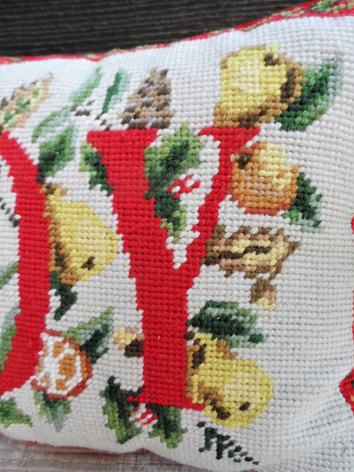 Vintage Christmas Needlepoint Pillow Joy Pears Fruit Pinecones Etsy