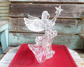 Vintage Christmas Angel Tree Topper Star Angel Wings Acrylic Faux Crystal Glass Hollywood Regency French Country Display 1980s 80s playing