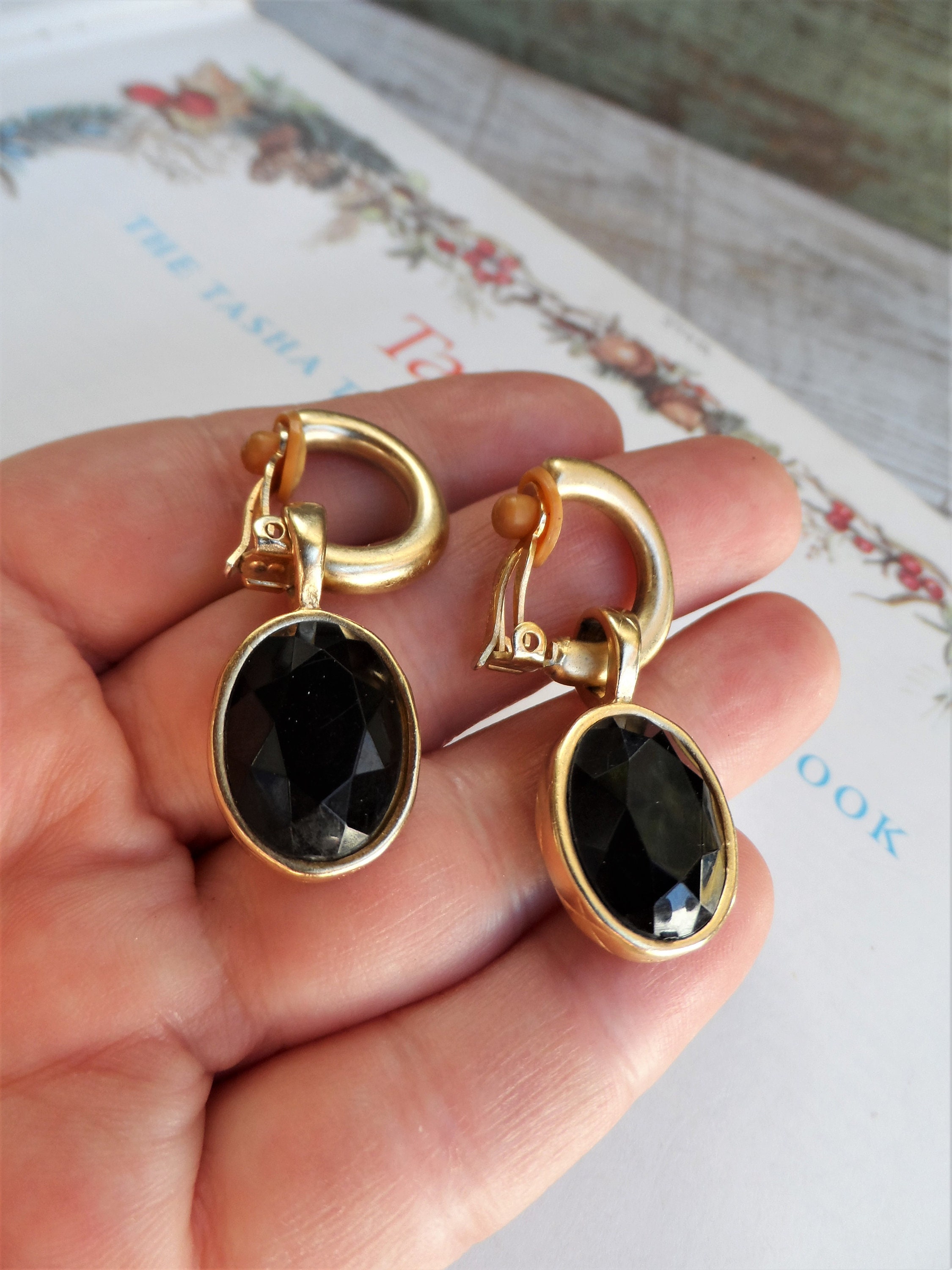 Vintage Erwin Pearl Earrings Black Faceted Glass Stones Matte 