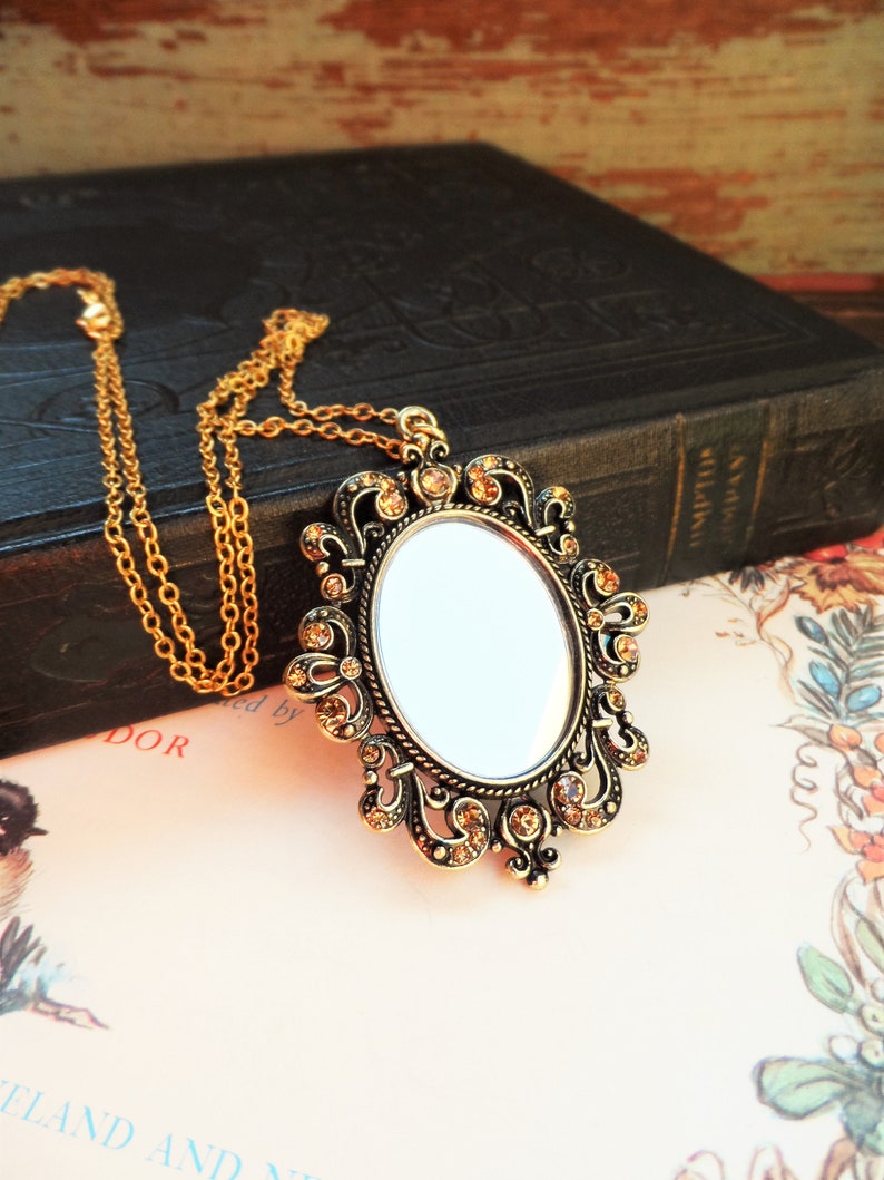 Vintage Style Mirror Pendant Necklace Antique Gold Brown Etsy