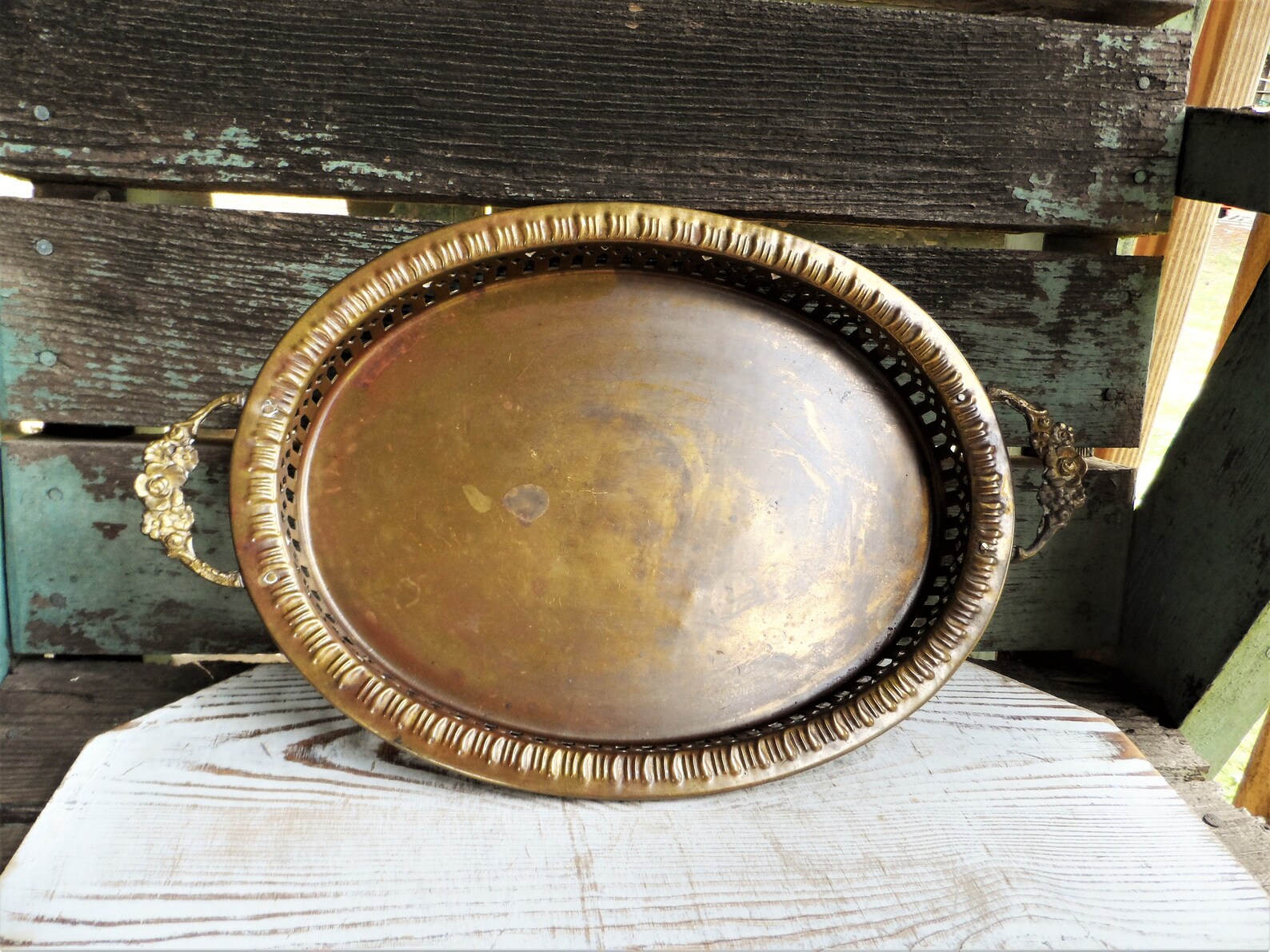 Vintage Brass Vanity Tray Pierced Edge Mid Century Floral Etsy