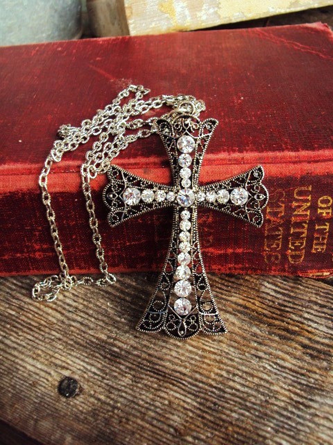 Vintage Style Cross Pendant Long Necklace Clear Glass Rhinestones ...